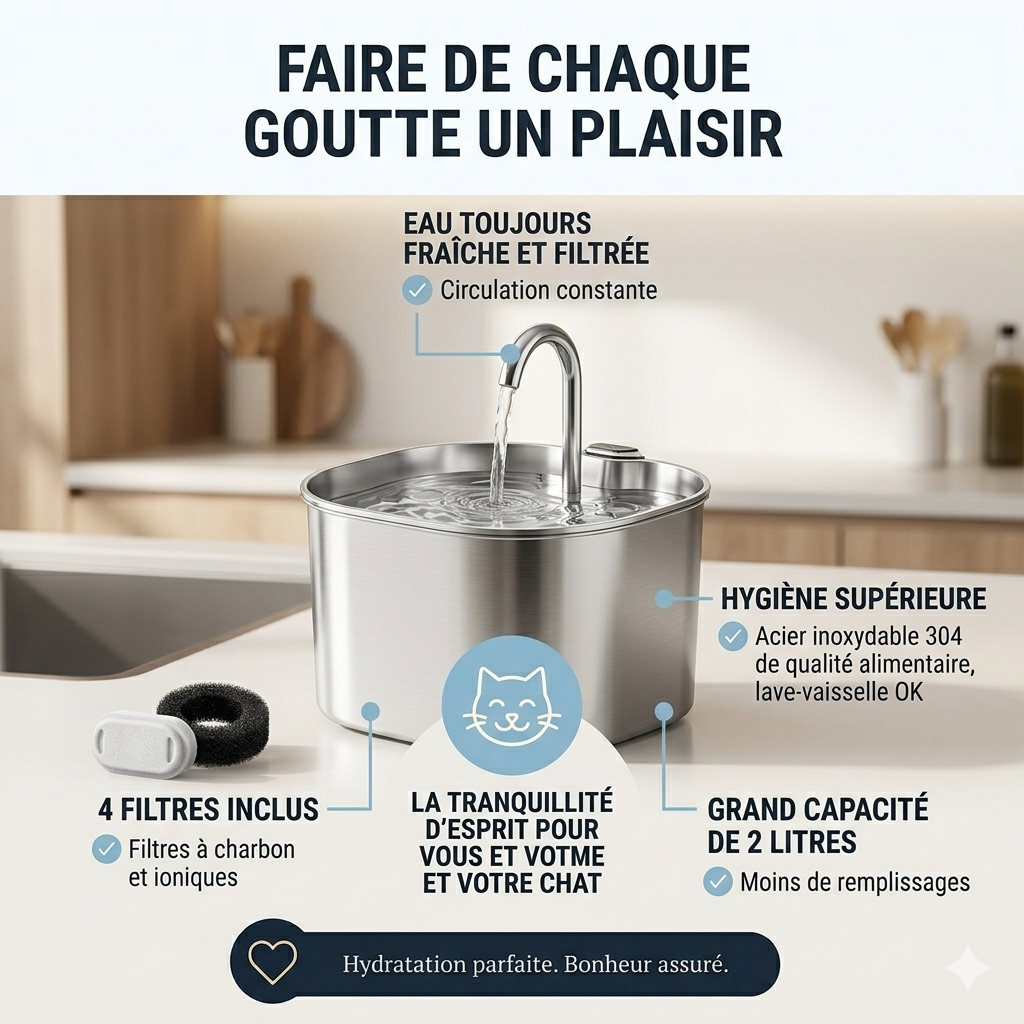 Fontaine À Eau Pour Chat Inox 2,2 L – Ultra Silencieuse